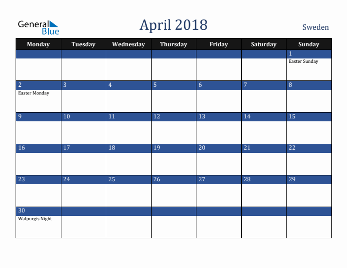 April 2018 Sweden Calendar (Monday Start)