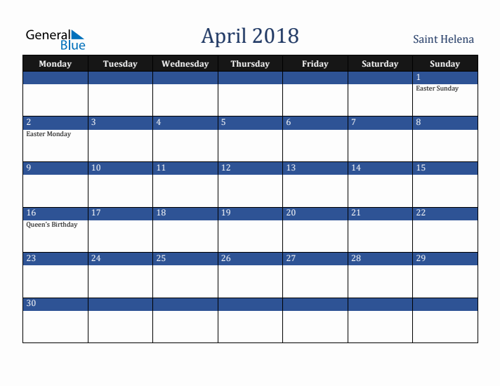 April 2018 Saint Helena Calendar (Monday Start)