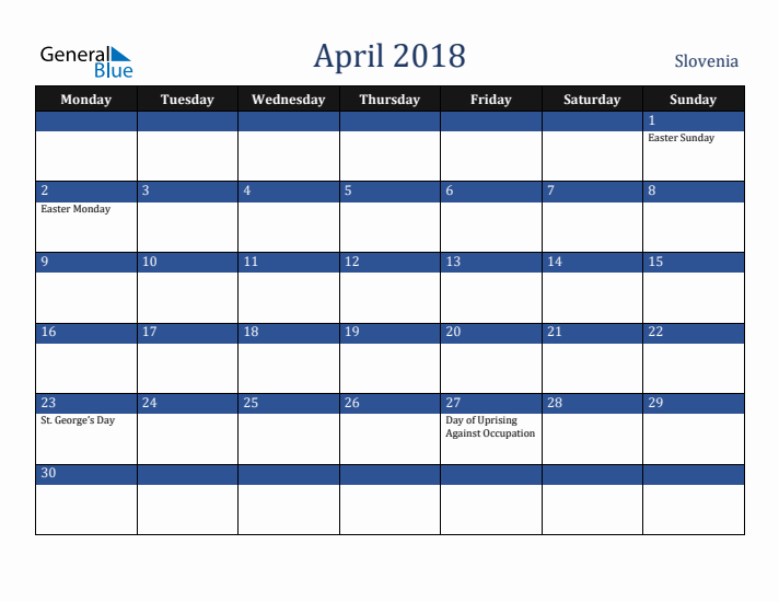 April 2018 Slovenia Calendar (Monday Start)