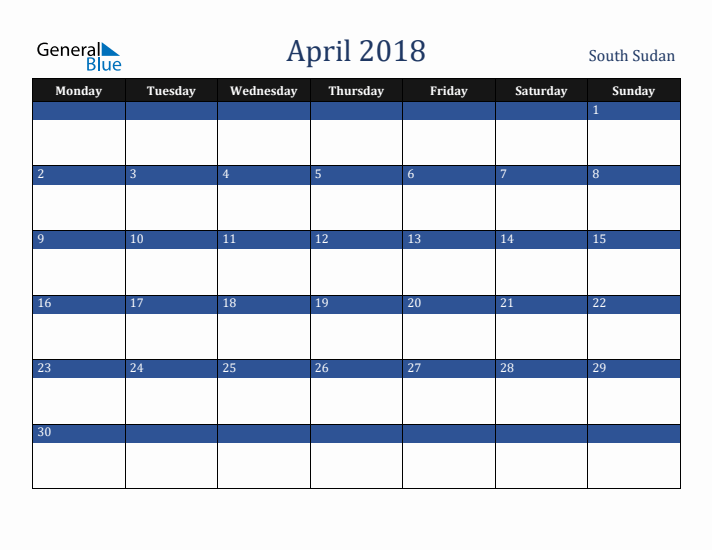 April 2018 South Sudan Calendar (Monday Start)