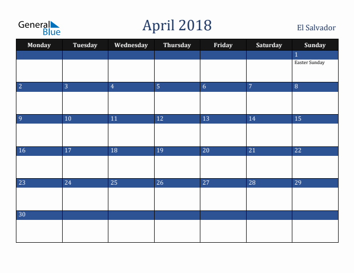 April 2018 El Salvador Calendar (Monday Start)