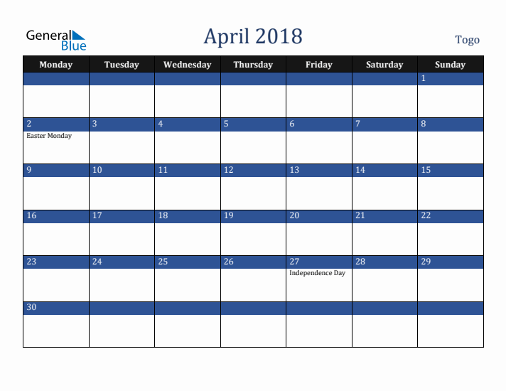 April 2018 Togo Calendar (Monday Start)