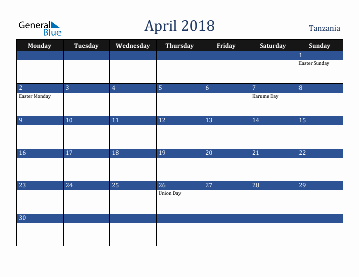 April 2018 Tanzania Calendar (Monday Start)