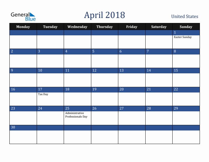 April 2018 United States Calendar (Monday Start)