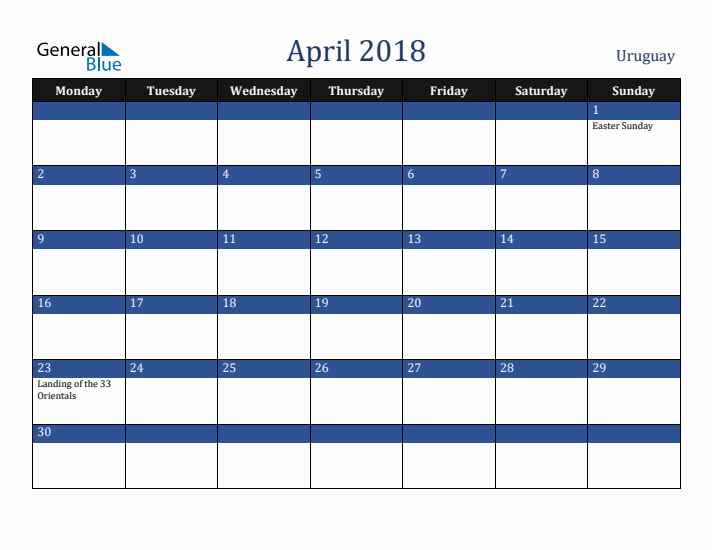 April 2018 Uruguay Calendar (Monday Start)