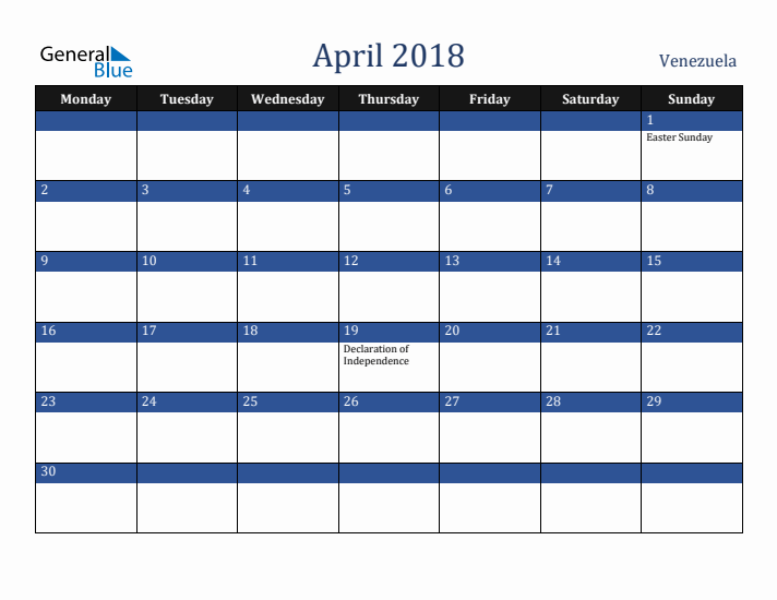 April 2018 Venezuela Calendar (Monday Start)