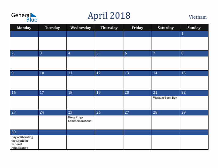 April 2018 Vietnam Calendar (Monday Start)