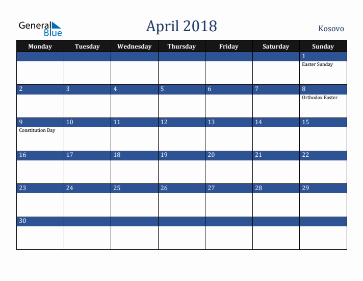 April 2018 Kosovo Calendar (Monday Start)