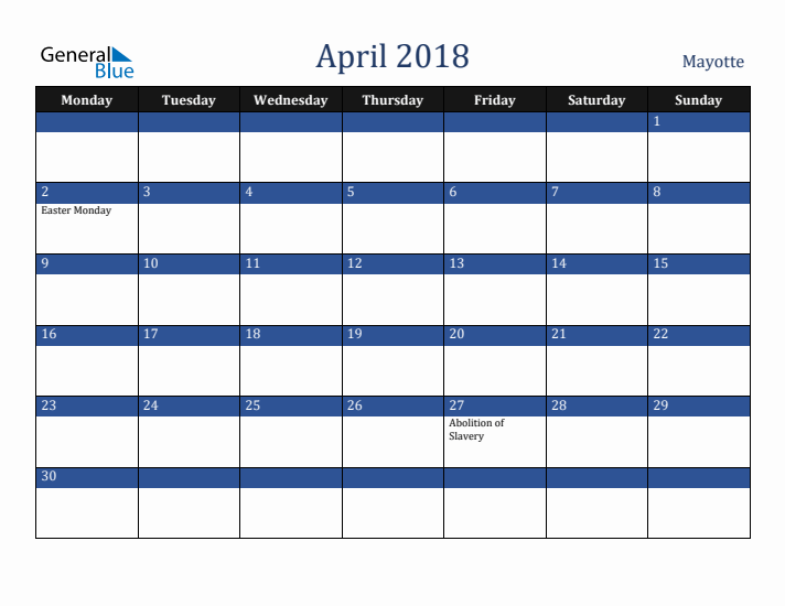 April 2018 Mayotte Calendar (Monday Start)