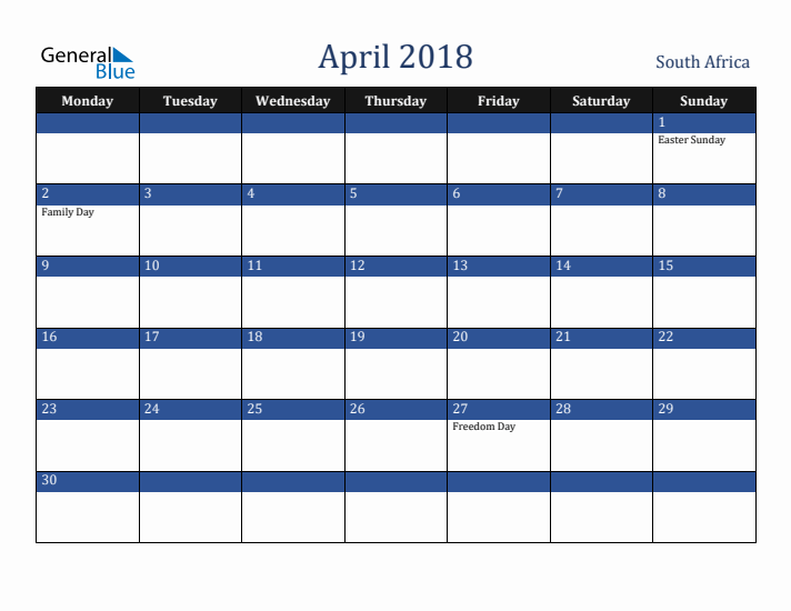April 2018 South Africa Calendar (Monday Start)