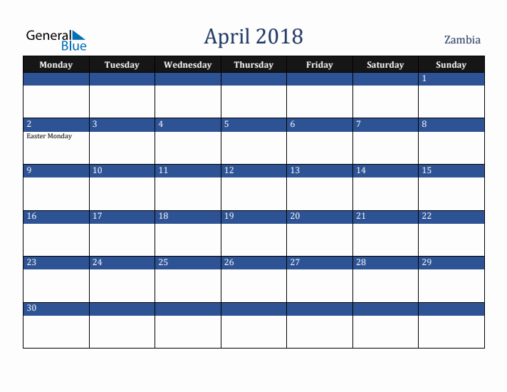 April 2018 Zambia Calendar (Monday Start)