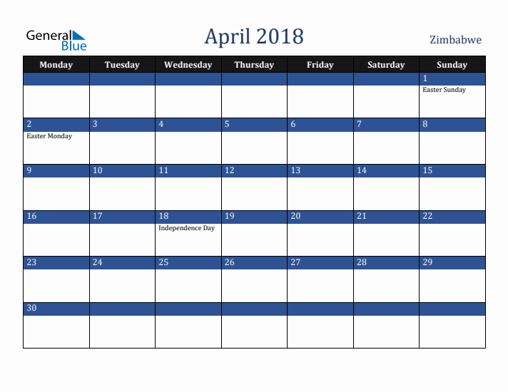 April 2018 Zimbabwe Calendar (Monday Start)