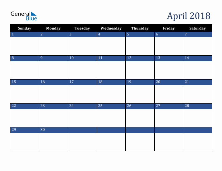 Sunday Start Calendar for April 2018