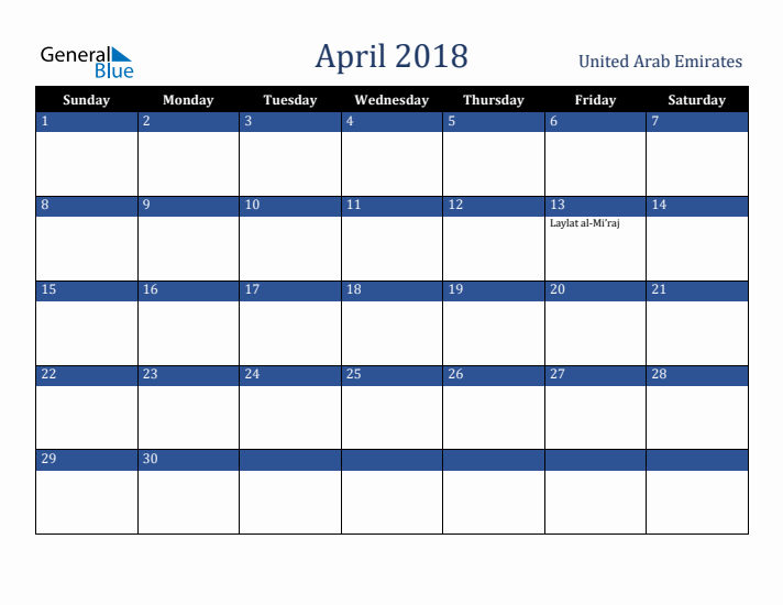 April 2018 United Arab Emirates Calendar (Sunday Start)