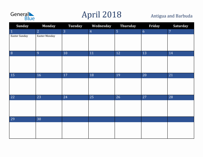 April 2018 Antigua and Barbuda Calendar (Sunday Start)
