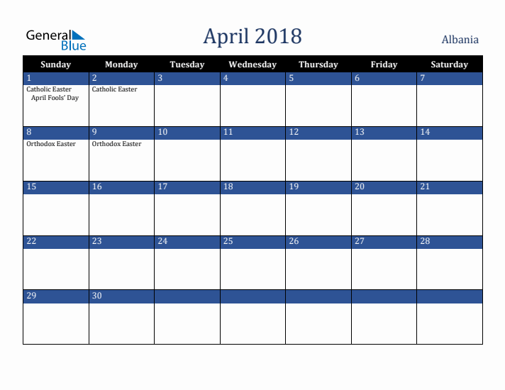 April 2018 Albania Calendar (Sunday Start)