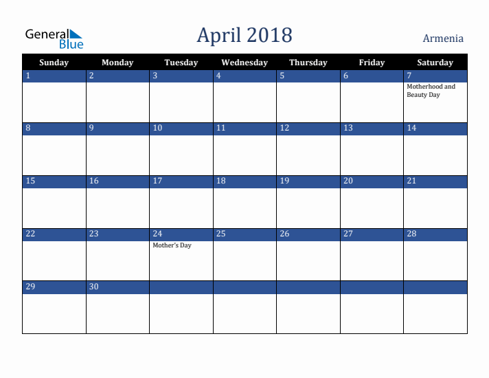 April 2018 Armenia Calendar (Sunday Start)