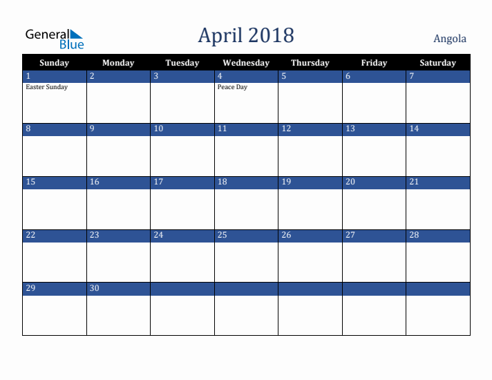 April 2018 Angola Calendar (Sunday Start)
