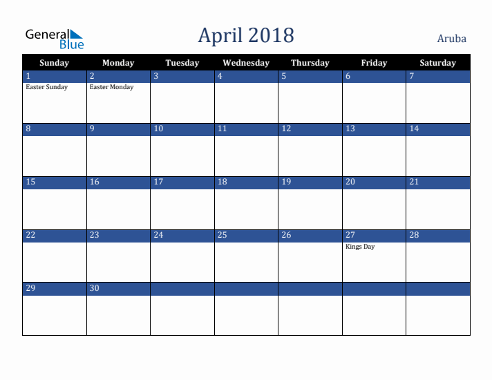 April 2018 Aruba Calendar (Sunday Start)