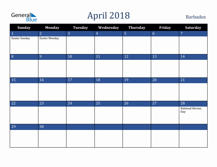 April 2018 Barbados Calendar (Sunday Start)