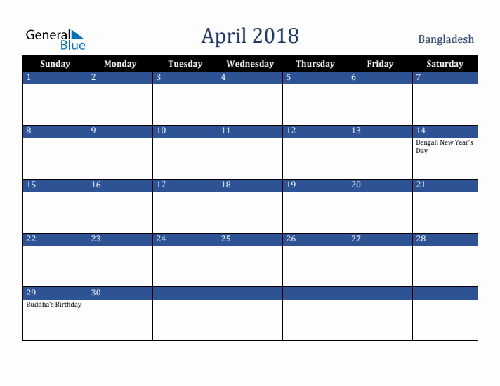 April 2018 Bangladesh Calendar (Sunday Start)