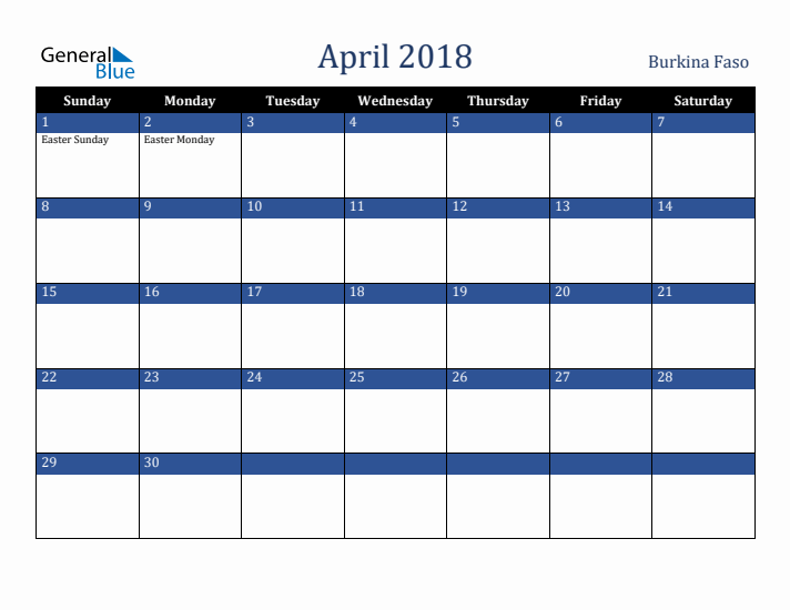 April 2018 Burkina Faso Calendar (Sunday Start)