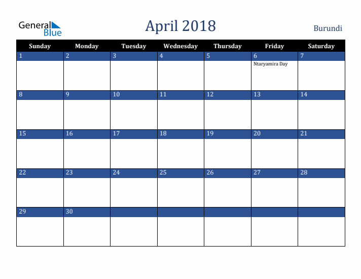April 2018 Burundi Calendar (Sunday Start)