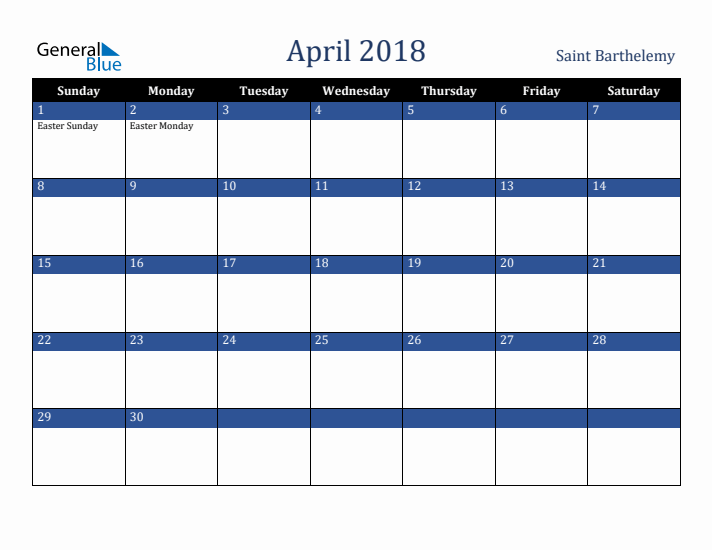 April 2018 Saint Barthelemy Calendar (Sunday Start)