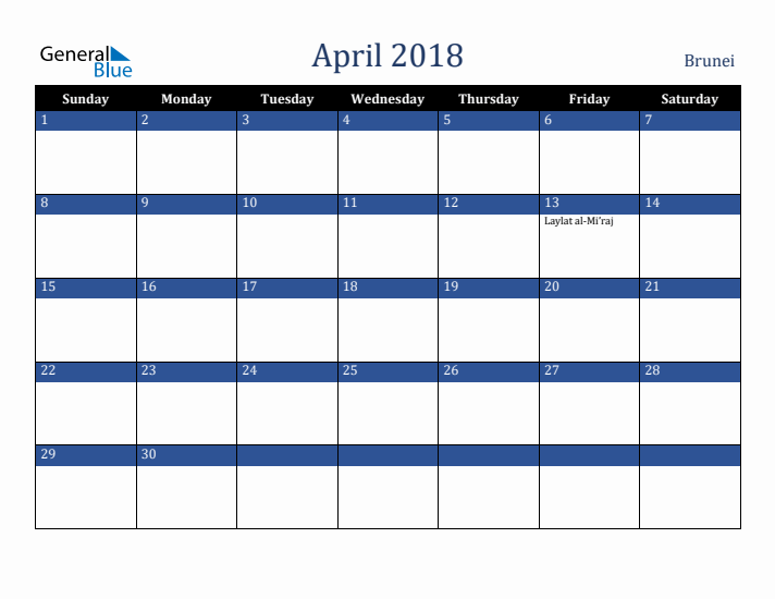 April 2018 Brunei Calendar (Sunday Start)