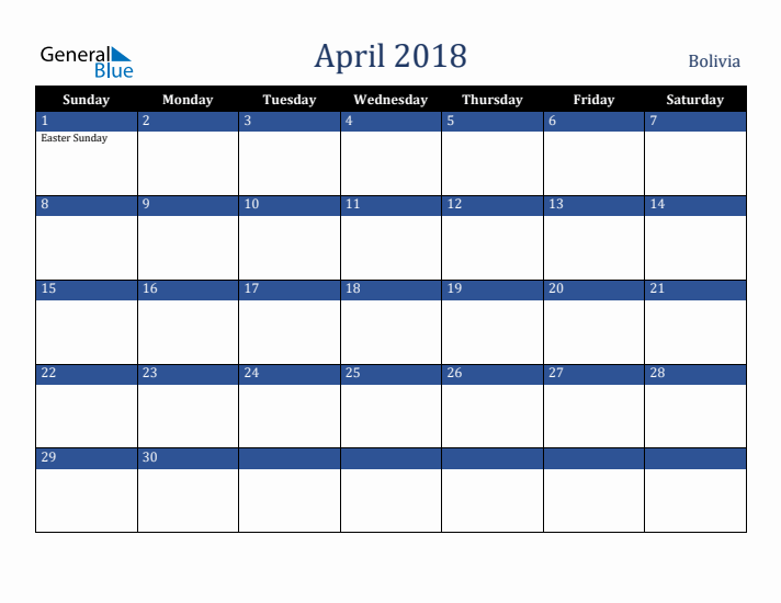 April 2018 Bolivia Calendar (Sunday Start)