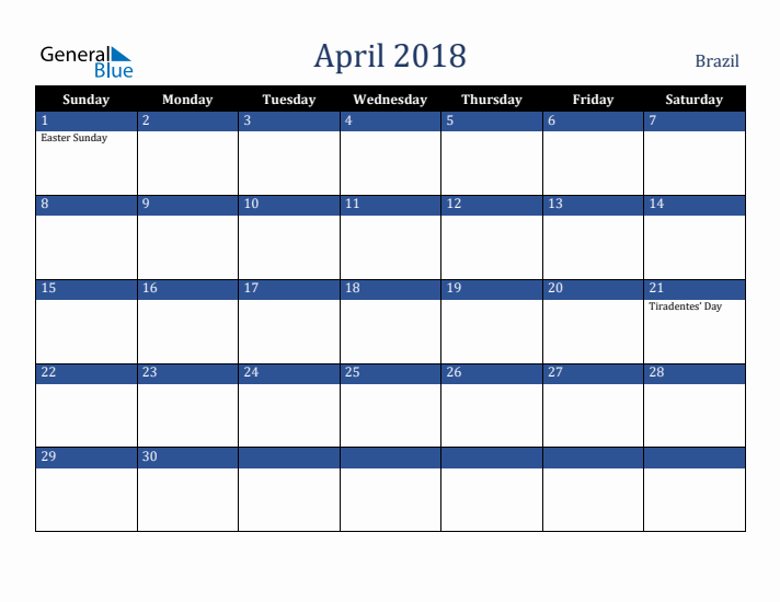 April 2018 Brazil Calendar (Sunday Start)