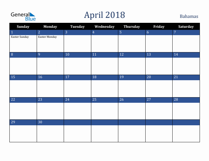 April 2018 Bahamas Calendar (Sunday Start)