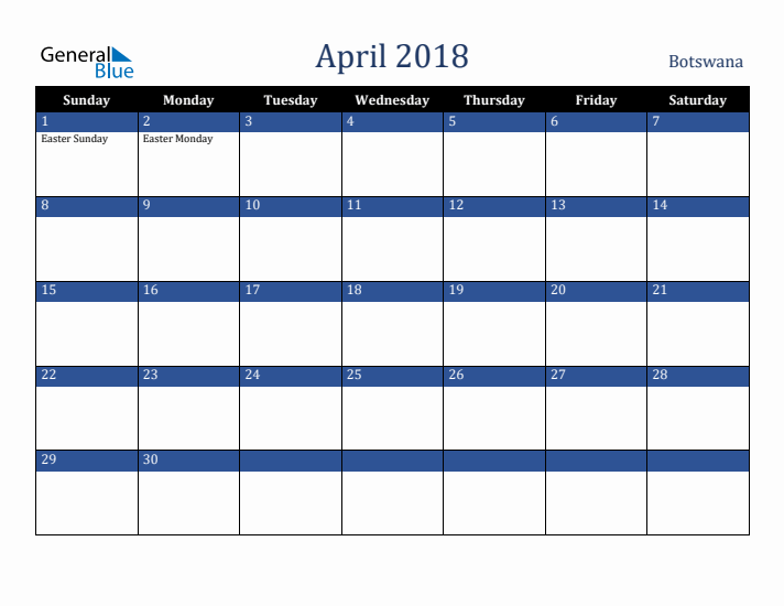 April 2018 Botswana Calendar (Sunday Start)