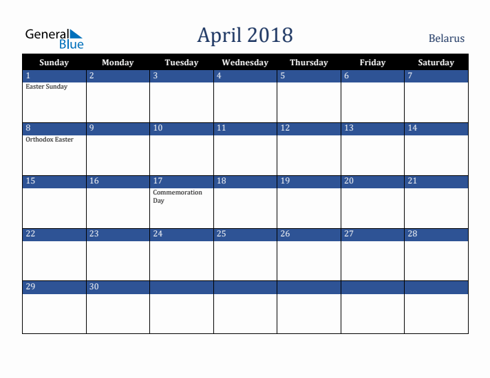 April 2018 Belarus Calendar (Sunday Start)