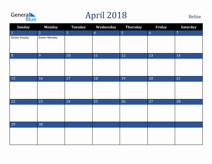 April 2018 Belize Calendar (Sunday Start)