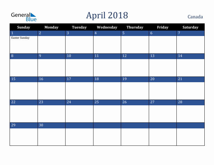 April 2018 Canada Calendar (Sunday Start)