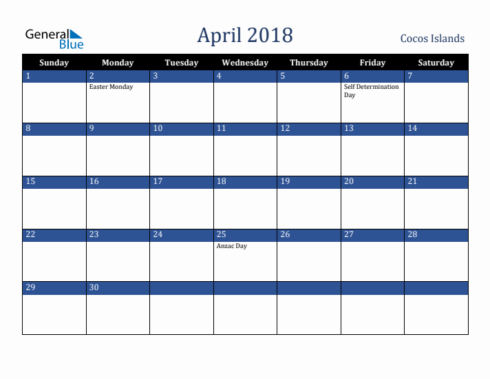 April 2018 Cocos Islands Calendar (Sunday Start)