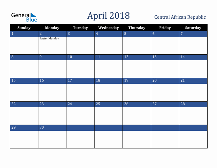 April 2018 Central African Republic Calendar (Sunday Start)