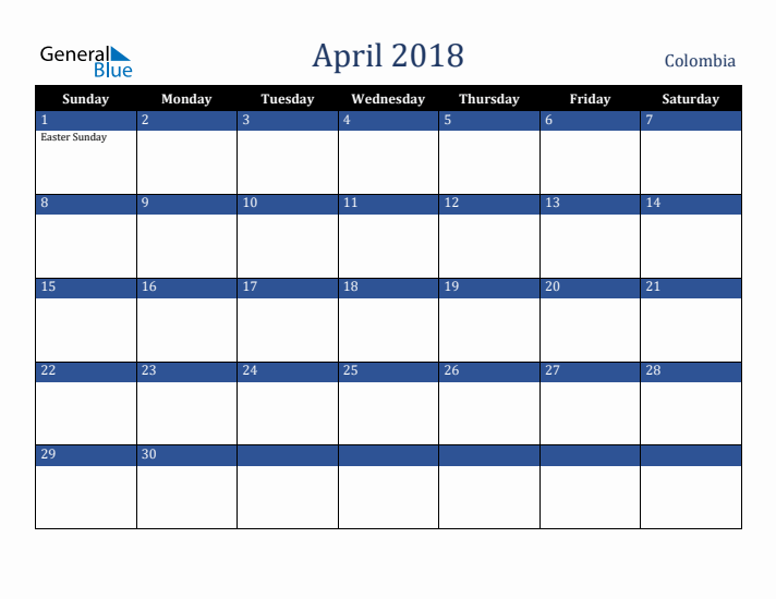 April 2018 Colombia Calendar (Sunday Start)