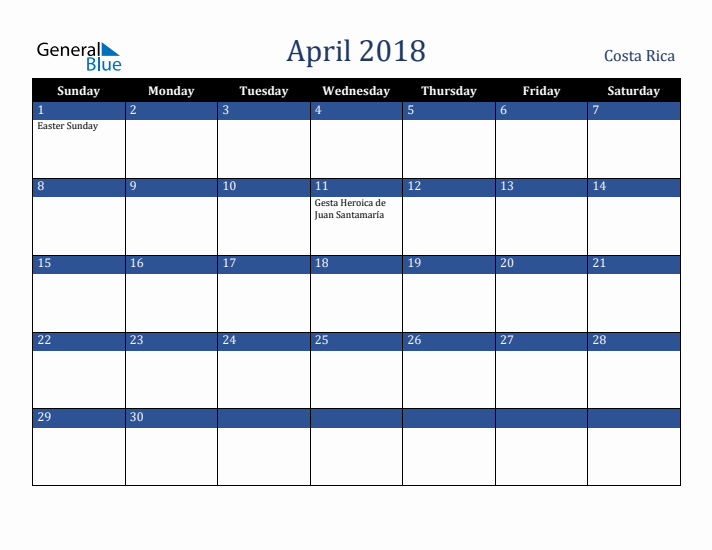 April 2018 Costa Rica Calendar (Sunday Start)