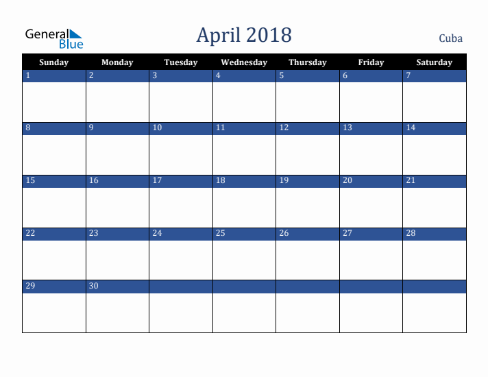 April 2018 Cuba Calendar (Sunday Start)