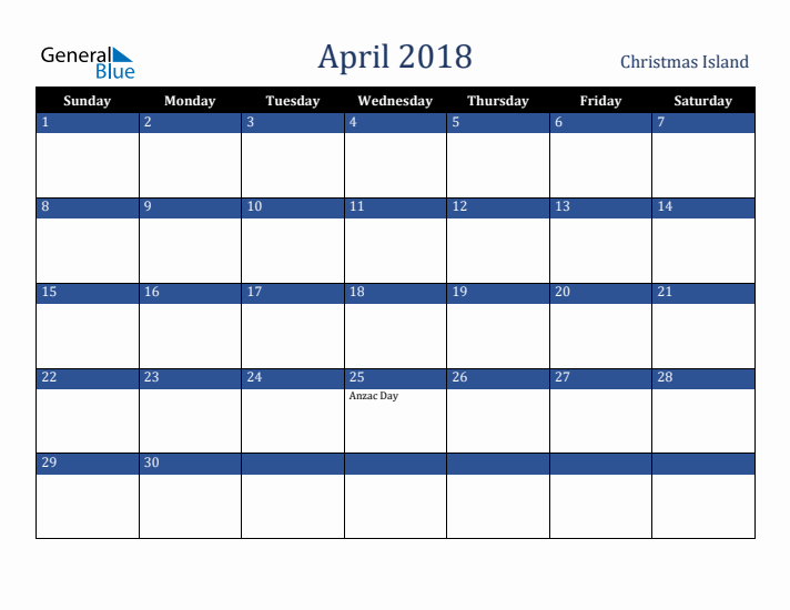 April 2018 Christmas Island Calendar (Sunday Start)