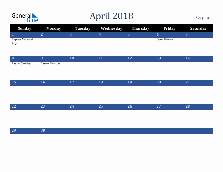 April 2018 Cyprus Calendar (Sunday Start)
