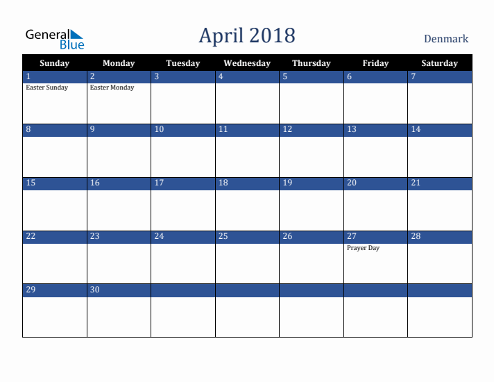 April 2018 Denmark Calendar (Sunday Start)