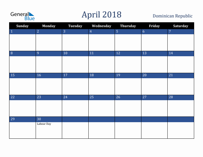 April 2018 Dominican Republic Calendar (Sunday Start)