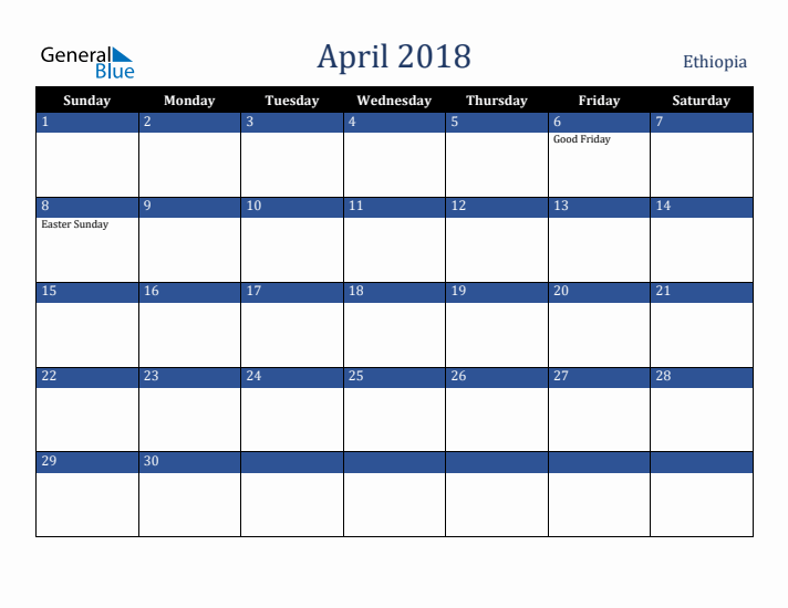 April 2018 Ethiopia Calendar (Sunday Start)