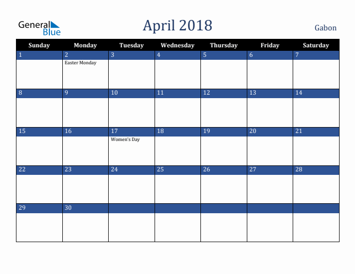 April 2018 Gabon Calendar (Sunday Start)