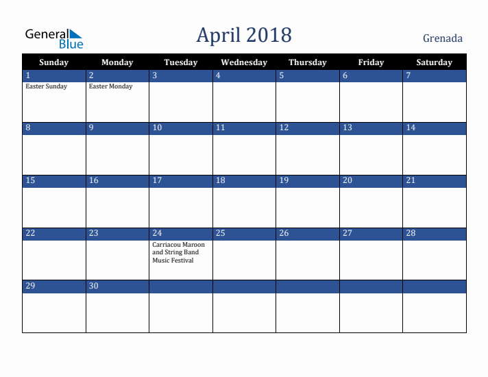 April 2018 Grenada Calendar (Sunday Start)