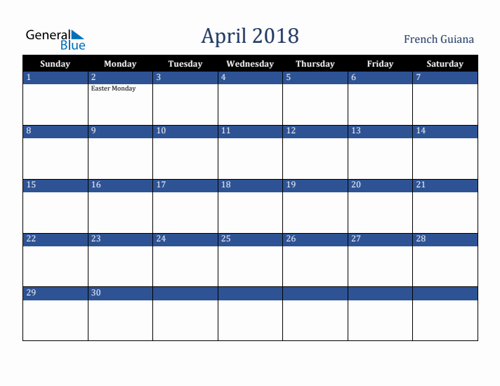 April 2018 French Guiana Calendar (Sunday Start)