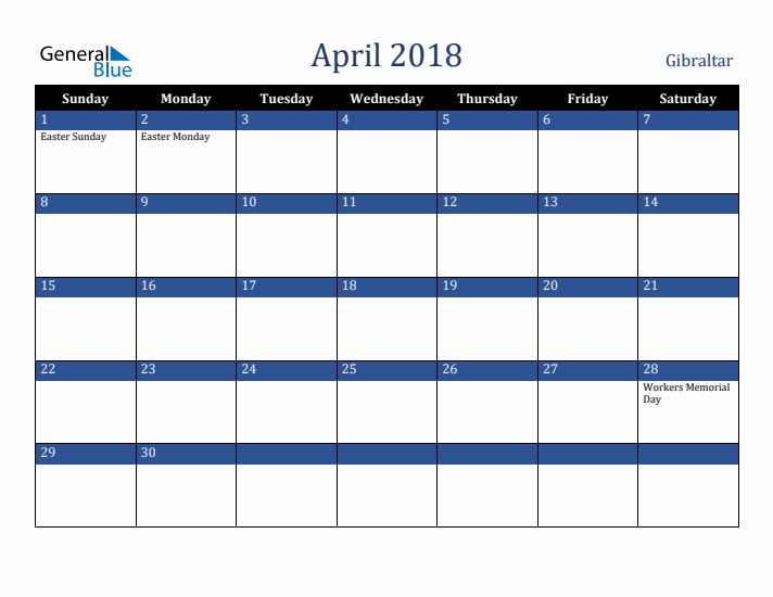 April 2018 Gibraltar Calendar (Sunday Start)
